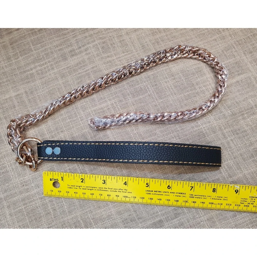 Rose Gold Tone Stainless Steel Dog Leash 5' EZ Hook Leather Handle Storage Pouch